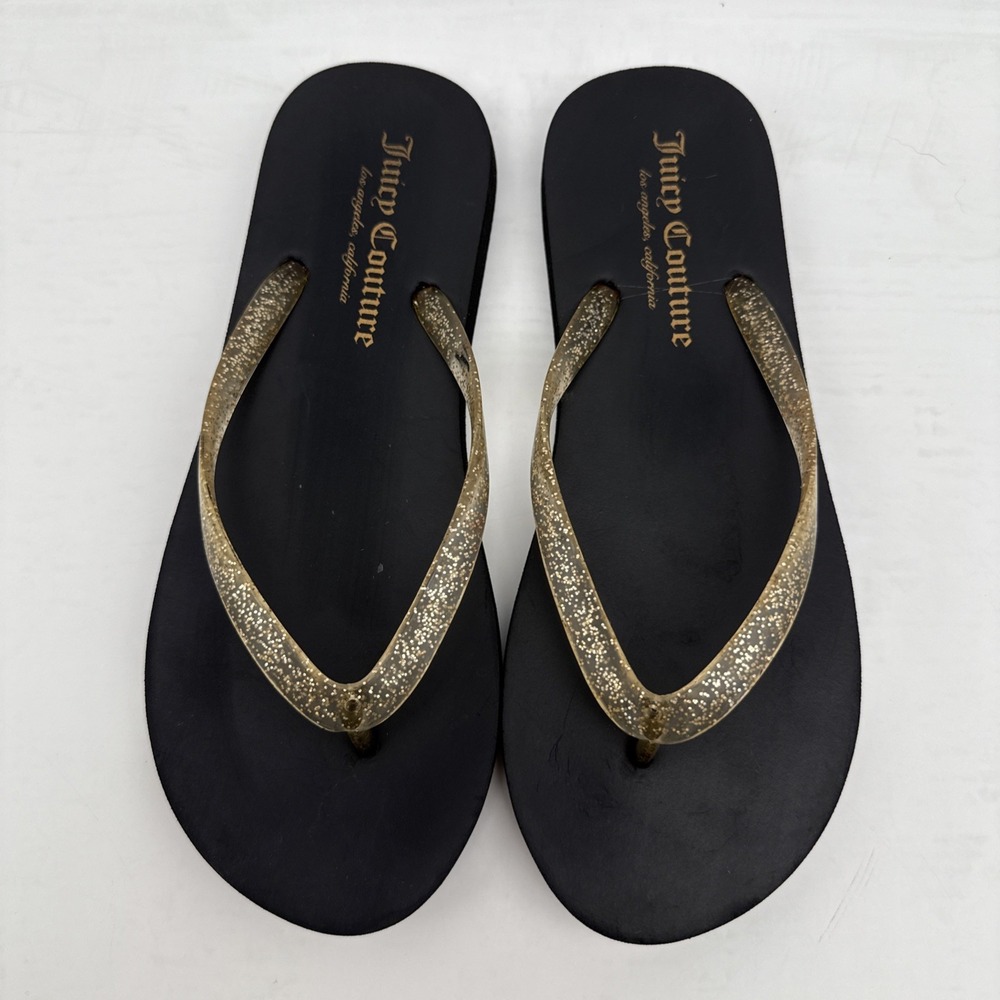 Juicy Couture Black Women's Flip Flop Glitter Gold Sparkle Thong Shoes SZ 6
